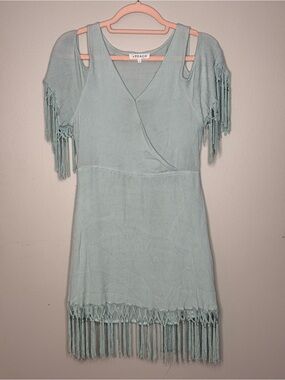 Apeach Mint Cold-Shoulder Fringe Mini Dress